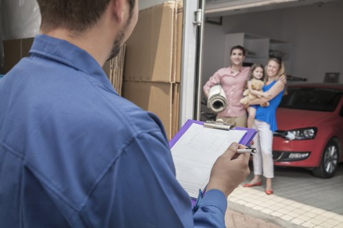Packed boxes and furniture being loaded into a moving van