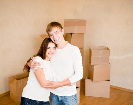 Removal van loaded with moving boxes and furniture