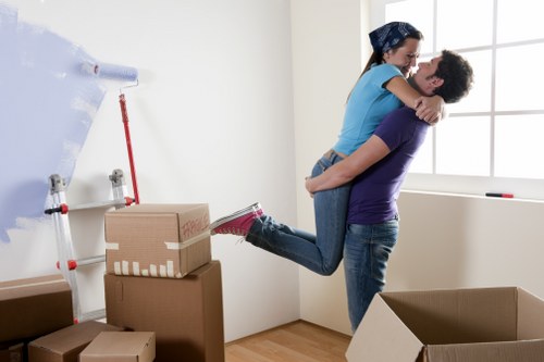 Packed office furniture ready for relocation